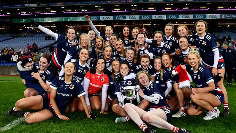 10 December 2022; Kilkerrin-Clonberne players celebrate with the cup after the 2022 currentaccount.ie LGFA All-Ireland Senior Club Football Championship Final match between Donaghmoyne of Monaghan, and Kilkerrin-Clonberne of Galway at Croke Park in Dublin. Photo by Ben McShane/Sportsfile