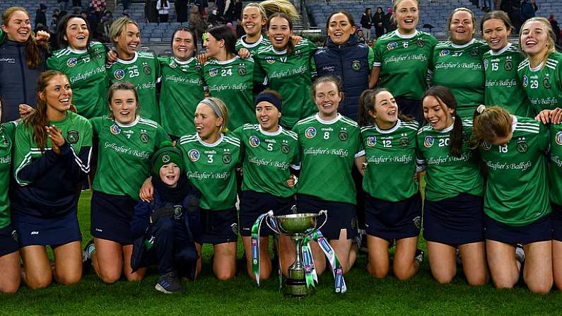 17 December 2022; Sarsfields players celebrate after their side's victory in the AIB All-Ireland Senior Camogie Club Championship Final match between Sarsfields of Galway and Loughgiel Shamrocks of Antrim at Croke Park in Dublin. Photo by Piaras O Midheach/Sportsfile