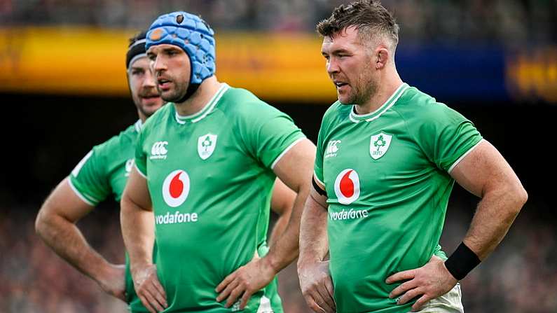 24 February 2024; Ireland players, from right, Peter OMahony, Tadhg Beirne and Caelan Doris during the Guinness Six Nations Rugby Championship match between Ireland and Wales at the Aviva Stadium in Dublin. Photo by Seb Daly/Sportsfile