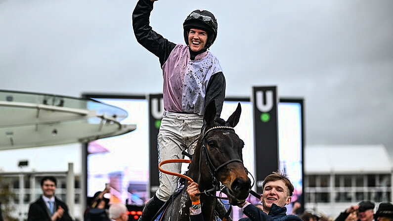 12 March 2024; Jockey Rachael Blackmore celebrates aboard Slade Steel after winning the Supreme Novices' Hurdle on day one of the Cheltenham Racing Festival at Prestbury Park in Cheltenham, England. Photo by Harry Murphy/Sportsfile