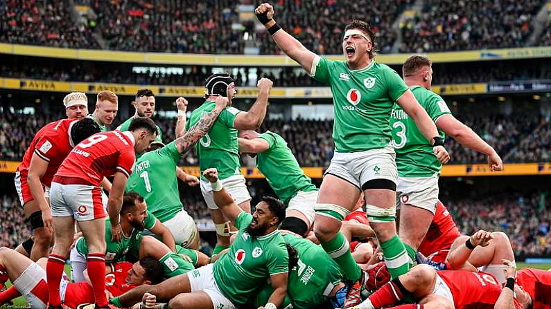 24 February 2024; Joe McCarthy of Ireland celebrates after teammate Dan Sheehan, not pictured, scored their side's first try in the 21st minute, during the Guinness Six Nations Rugby Championship match between Ireland and Wales at Aviva Stadium in Dublin. Photo by Seb Daly/Sportsfile