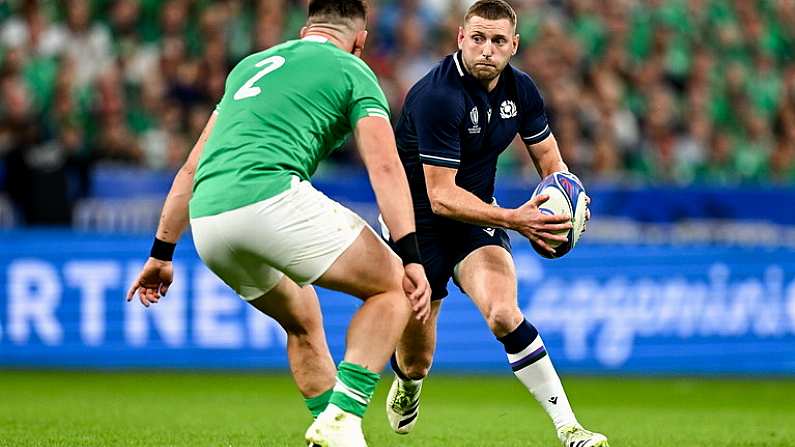 7 October 2023; Finn Russell of Scotland in action against Dan Sheehan of Ireland during the 2023 Rugby World Cup Pool B match between Ireland and Scotland at the Stade de France in Paris, France. Photo by Brendan Moran/Sportsfile