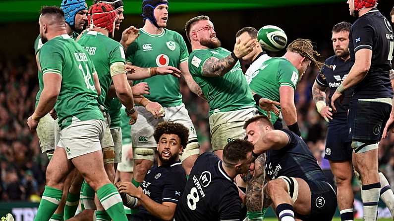 16 March 2024; Andrew Porter of Ireland, right, celebrates after scoring his side's second try during the Guinness Six Nations Rugby Championship match between Ireland and Scotland at the Aviva Stadium in Dublin. Photo by Sam Barnes/Sportsfile