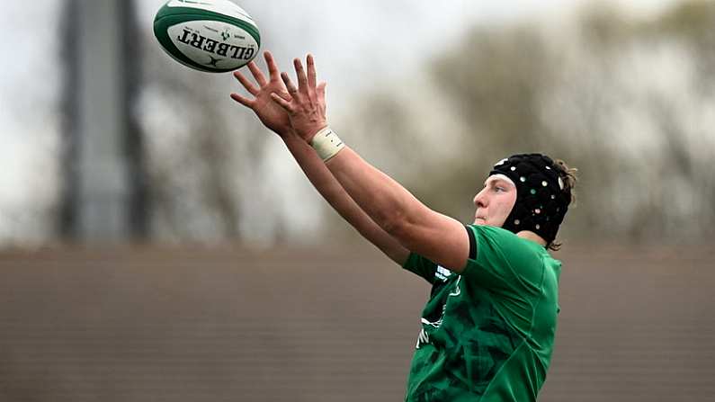 8 April 2023; Luke Murphy of Ireland takes possession in a lineout during the U18 Six Nations Festival match between Ireland and Scotland at Energia Park in Dublin. Photo by Harry Murphy/Sportsfile