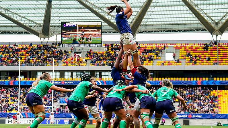 23 March 2024; Manae Feleu of France wins possession in a line-out during the Women's Six Nations Rugby Championship match between France and Ireland at Stade Marie-Marvingt in Le Mans, France. Photo by Hugo Pfeiffer/Sportsfile