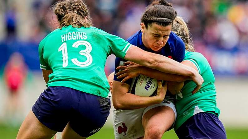 23 March 2024; Gabrielle Vernier of France is tackled by Eve Higgins of Ireland, left, during the Women's Six Nations Rugby Championship match between France and Ireland at Stade Marie-Marvingt in Le Mans, France. Photo by Hugo Pfeiffer/Sportsfile