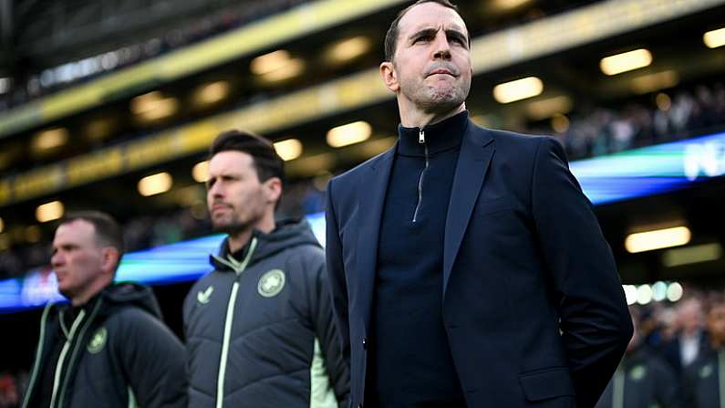 23 March 2024; Republic of Ireland interim head coach John O'Shea, right, Republic of Ireland assistant coach Paddy McCarthy, centre, and Republic of Ireland assistant coach Glenn Whelan before the international friendly match between Republic of Ireland and Belgium at the Aviva Stadium in Dublin. Photo by Stephen McCarthy/Sportsfile