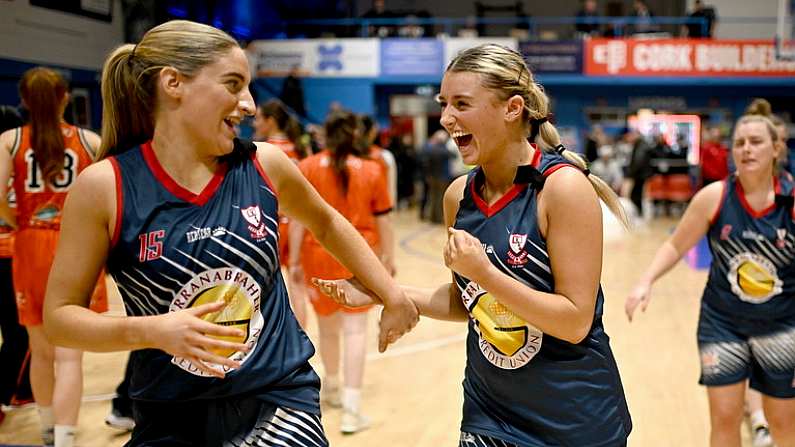 6 January 2024; Kelly Sexton of Brunell, right, celebrates with Katie Walshe after the Basketball Ireland Pat Paudie O'Connor Cup semi-final match between Pyrobel Killester and Gurranabraher Credit Union Brunell at Neptune Stadium in Cork. Photo by Eoin Noonan/Sportsfile