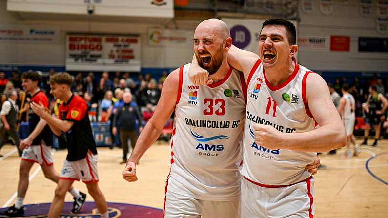 6 January 2024; Ballincollig players, Keelan Cairns, left, and Ciaran OSullivan after the Basketball Ireland Pat Duffy National Cup semi-final match between Garveys Tralee Warriors and Irish Guide Dogs Ballincollig at Neptune Stadium in Cork. Photo by Eoin Noonan/Sportsfile