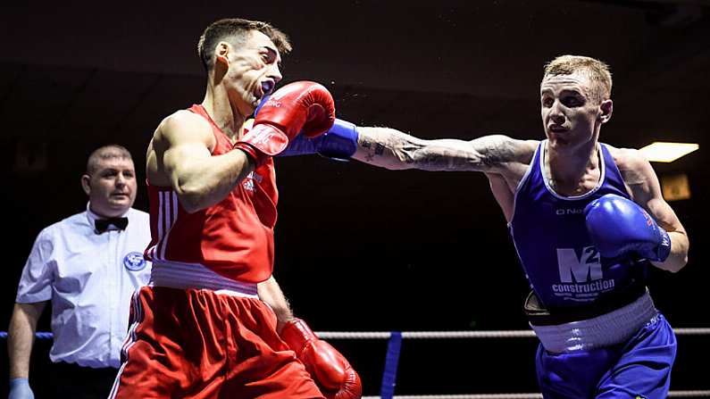 9 February 2019; Dean Walsh, right, in action against Aidan Walsh in their 69kg bout during the 2019 National Elite Men's & Women's Elite Boxing Championships at the National Stadium in Dublin. Photo by David Fitzgerald/Sportsfile