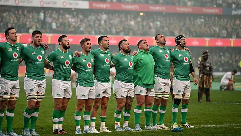 13 July 2024; Ireland players, from left, James Ryan, Joe McCarthy, Robbie Henshaw, Jack Crowley, Conor Murray, Andrew Porter, Tadhg Furlong, Tadhg Beirne and captain Caelan Doris before the second test between South Africa and Ireland at Kings Park in Durban, South Africa. Photo by Brendan Moran/Sportsfile