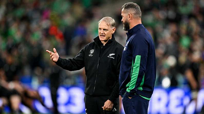 14 October 2023; New Zealand assistant coach Joe Schmidt, left, and Ireland head coach Andy Farrell before the 2023 Rugby World Cup quarter-final match between Ireland and New Zealand at the Stade de France in Paris, France. Photo by Brendan Moran/Sportsfile