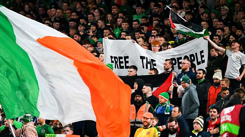 13 October 2023; Republic of Ireland supporters during the UEFA EURO 2024 Championship qualifying group B match between Republic of Ireland and Greece at the Aviva Stadium in Dublin. Photo by Tyler Miller/Sportsfile