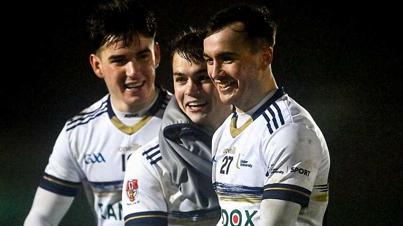 8 February 2024; Ulster University players, from left, Conor Cush, Ruairi Canavan, and Darragh Canavan after their side's victory in the Electric Ireland Higher Education GAA Sigerson Cup semi-final match between Ulster University and Maynooth University at Inniskeen Grattans in Monaghan. Photo by Stephen Marken/Sportsfile