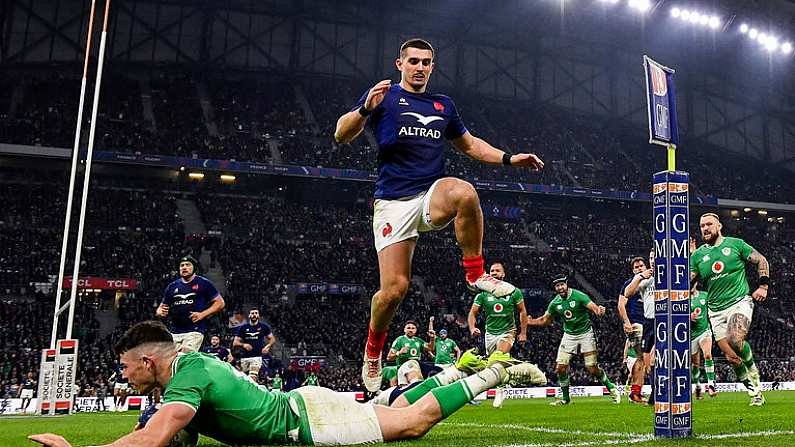 2 February 2024; Calvin Nash of Ireland dives over to score his side's third try during the Guinness Six Nations Rugby Championship match between France and Ireland at the Stade Velodrome in Marseilles, France. Photo by Harry Murphy/Sportsfile