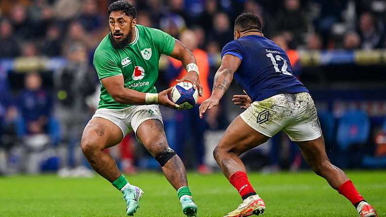 2 February 2024; Bundee Aki of Ireland during the Guinness Six Nations Rugby Championship match between France and Ireland at the Stade Velodrome in Marseille, France. Photo by Ramsey Cardy/Sportsfile