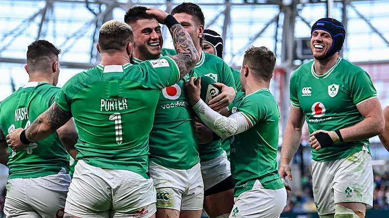 11 February 2024; Dan Sheehan of Ireland, centre, celebrates with team-mates including Andrew Porter, left, and Craig Casey, second from right, after scoring their side's fourth try during the Guinness Six Nations Rugby Championship match between Ireland and Italy at the Aviva Stadium in Dublin. Photo by Piaras O Midheach/Sportsfile