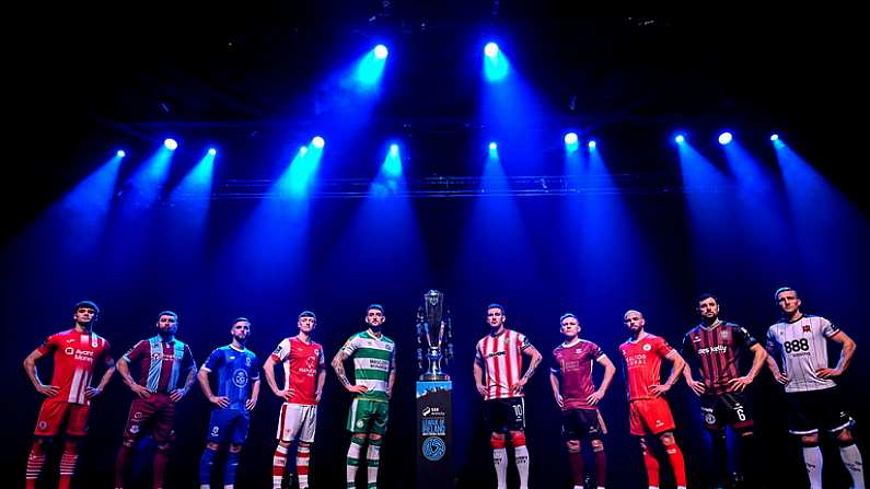 7 February 2024; SSE Airtricity Men's Premier Division players, from left, Niall Morahan of Sligo Rovers, Gary Deegan of Drogheda United, Ryan Burke of Waterford, Chris Forrester of St Patrick's Athletic, Lee Grace of Shamrock Rovers, Patrick McEleney of Derry City, Conor McCormack of Galway United, Mark Coyle of Shelbourne, Jordan Flores of Bohemians and John Mountney of Dundalk at the launch of the SSE Airtricity League of Ireland 2024 season held at Vicar Street in Dublin. Photo by Stephen McCarthy/Sportsfile