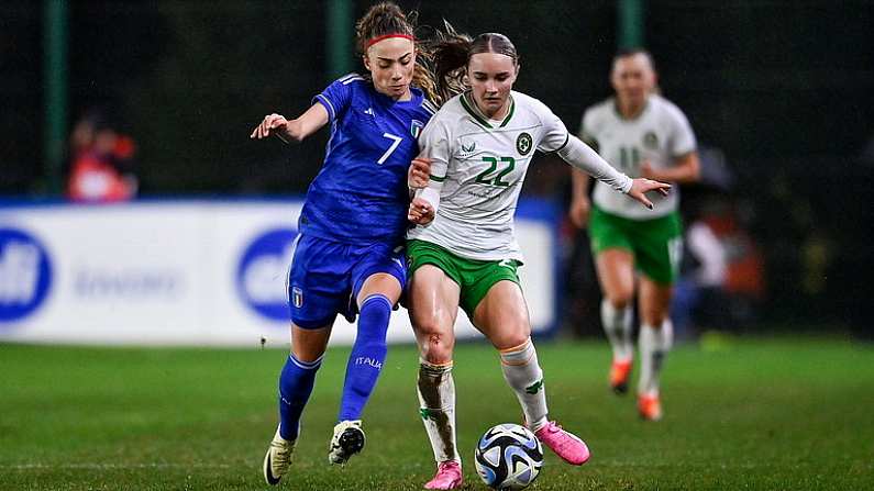 23 February 2024; Izzy Atkinson of Republic of Ireland in action against Benedetta Glionna of Italy during the international women's friendly match between Italy and Republic of Ireland at Viola Park in Florence, Italy. Photo by David Fitzgerald/Sportsfile