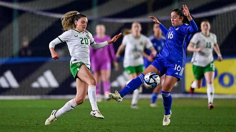 23 February 2024; Leanne Kiernan of Republic of Ireland in action against Giulia Dragoni of Italy during the international women's friendly match between Italy and Republic of Ireland at Viola Park in Florence, Italy. Photo by David Fitzgerald/Sportsfile