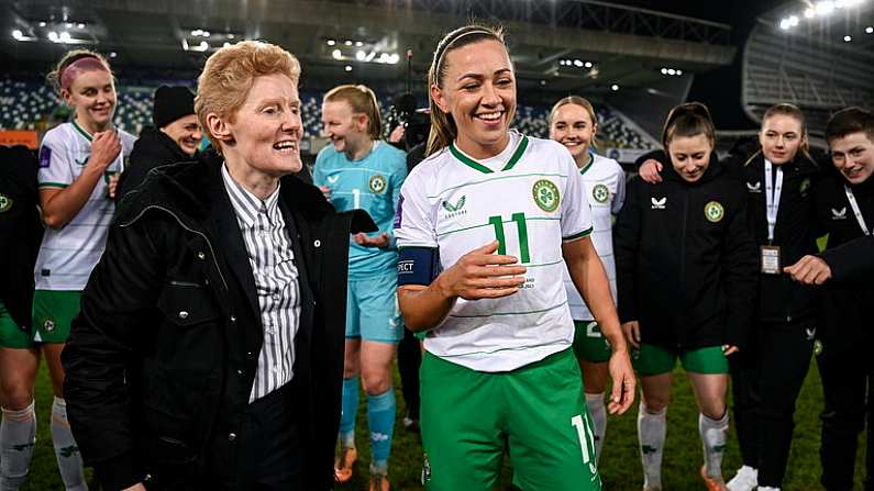 5 December 2023; Katie McCabe of Republic of Ireland, right, and Republic of Ireland interim head coach Eileen Gleeson after the UEFA Women's Nations League B match between Northern Ireland and Republic of Ireland at the National Football Stadium at Windsor Park in Belfast. Photo by Stephen McCarthy/Sportsfile