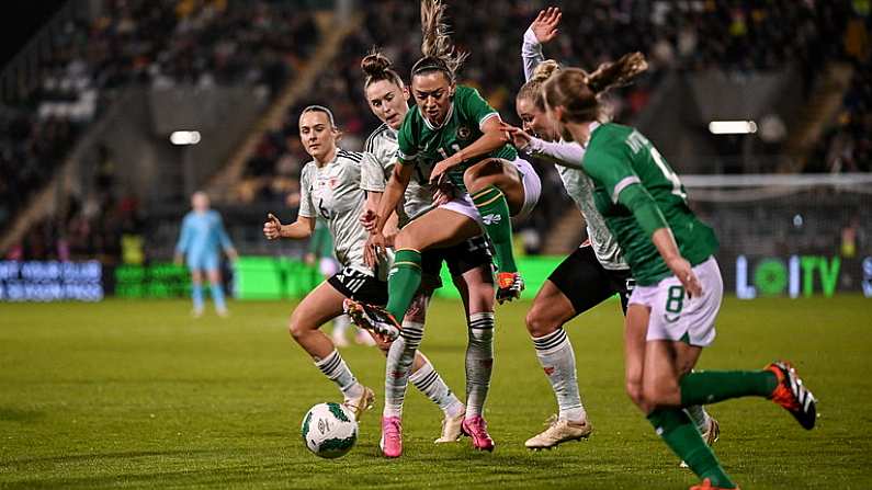 27 February 2024; Katie McCabe of Republic of Ireland is tackled by Rachel Rowe of Wales during the international women's friendly match between Republic of Ireland and Wales at Tallaght Stadium in Dublin. Photo by David Fitzgerald/Sportsfile