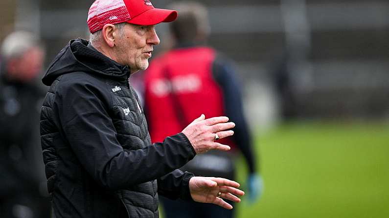 25 February 2024; Derry manager Mickey Harte during the Allianz Football League Division 1 match between Galway and Derry at Pearse Stadium in Galway. Photo by Ray Ryan/Sportsfile