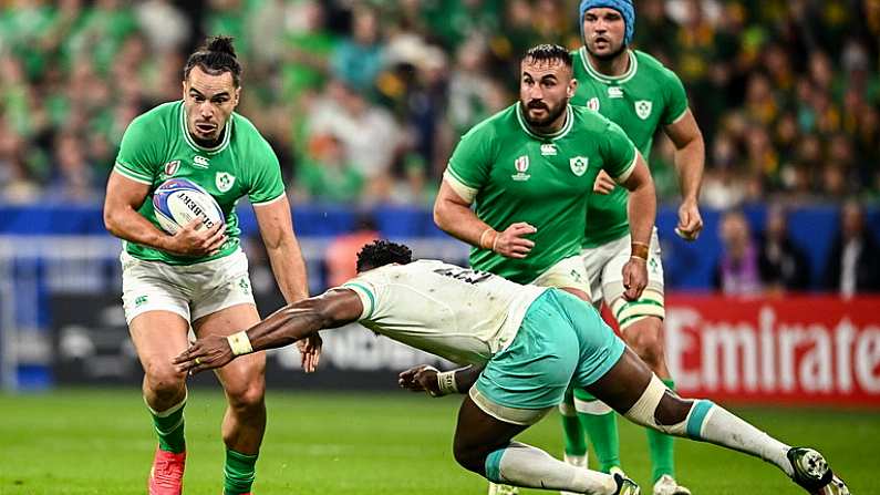 23 September 2023; James Lowe of Ireland is tackled by Siya Kolisi of South Africa during the 2023 Rugby World Cup Pool B match between South Africa and Ireland at Stade de France in Paris, France. Photo by Harry Murphy/Sportsfile