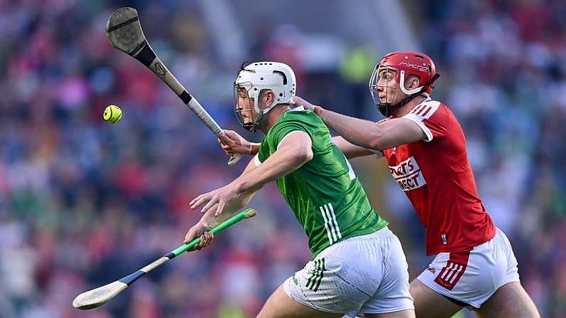 11 May 2024; Kyle Hayes of Limerick in action against Brian Hayes of Cork during the Munster GAA Hurling Senior Championship Round 3 match between Cork and Limerick at SuperValu Pairc Ui Chaoimh in Cork. Photo by Stephen McCarthy/Sportsfile