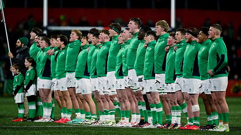 9 February 2024; The Ireland team before the U20 Six Nations Rugby Championship match between Ireland and Italy at Virgin Media Park in Cork. Photo by Brendan Moran/Sportsfile