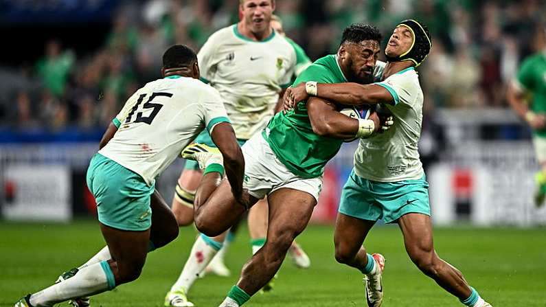 23 September 2023; Bundee Aki of Ireland is tackled by Cheslin Kolbe of South Africa, right, during the 2023 Rugby World Cup Pool B match between South Africa and Ireland at Stade de France in Paris, France. Photo by Harry Murphy/Sportsfile