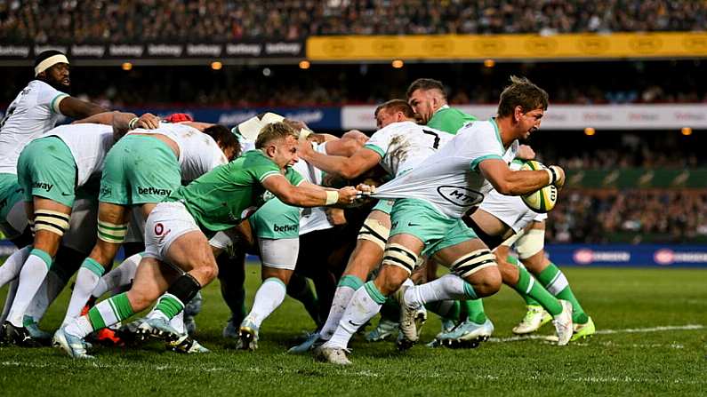 6 July 2024; Kwagga Smith of South Africa is tackled by Craig Casey of Ireland during the first test between South Africa and Ireland at Loftus Versfeld Stadium in Pretoria, South Africa. Photo by Brendan Moran/Sportsfile