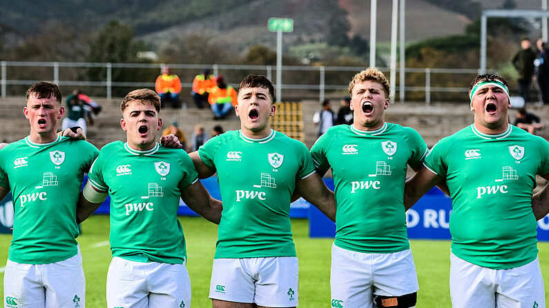 2024 World Rugby Under 20 Championship Pool B, Danie Craven Stadium, Stellenbosch 4/7/2024   Ireland U20 vs Georgia U20 Ireland's Oliver Coffey, Sam Berman, Max Flynn, Hugh Gavin and Andrew Sparrow  Mandatory Credit INPHO/SteveHaagSports/Darren Stewart