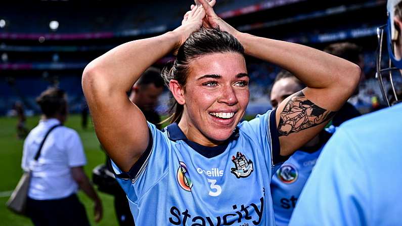 6 July 2024; Emma O'Byrne of Dublin celebrates after her side's victory in the Glen Dimplex Senior All-Ireland Championship quarter-final match between Kilkenny and Dublin at Croke Park in Dublin. Photo by Piaras O Midheach/Sportsfile