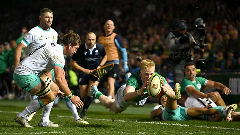 6 July 2024; Jamie Osborne of Ireland scores his side's first try during the first test between South Africa and Ireland at Loftus Versfeld Stadium in Pretoria, South Africa. Photo by Brendan Moran/Sportsfile