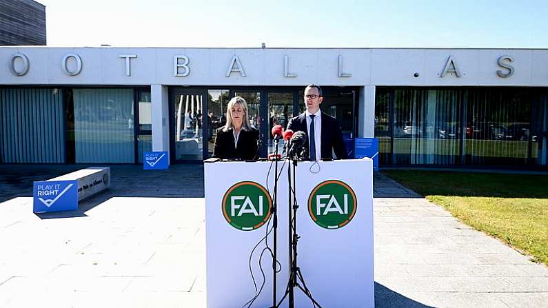 8 July 2024; FAI interim chief executive David Courell and FAI people & culture director Aoife Rafferty during an FAI media briefing held at the FAI Headquarters in Abbotstown, Dublin, to address the allegations of abuse brought forward by women involved in Irish football in the 1990s. Photo by Stephen McCarthy/Sportsfile