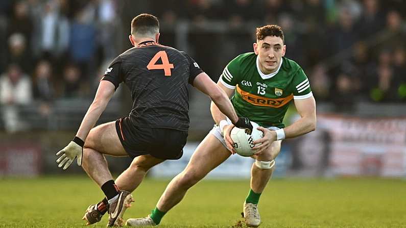 25 February 2023; Paudie Clifford of Kerry in action against Conor Gill of Armagh during the Allianz Football League Division 1 match between Kerry and Armagh at Austin Stack Park in Tralee, Kerry. Photo by Eoin Noonan/Sportsfile