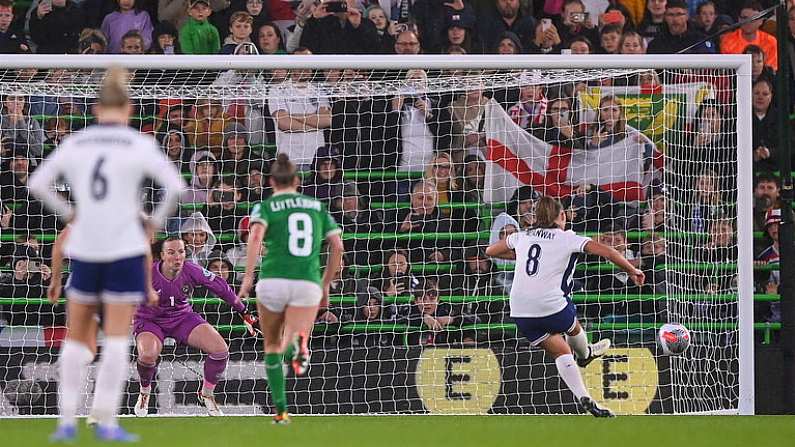 12 July 2024; Georgia Stanway of England shoots to score her side's second goal, a penalty, during the 2025 UEFA Women's European Championship qualifying group A match between England and Republic of Ireland at Carrow Road in Norwich, England. Photo by Stephen McCarthy/Sportsfile