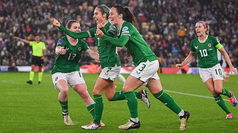 12 July 2024; Julie-Ann Russell of Republic of Ireland, centre, celebrates with teammates Aoife Mannion and Megan Campbell after scoring her side's first goal during the 2025 UEFA Women's European Championship qualifying group A match between England and Republic of Ireland at Carrow Road in Norwich, England. Photo by Stephen McCarthy/Sportsfile