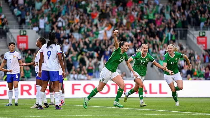 16 July 2024; Anna Patten of Republic of Ireland, 12, celebrates after scoring her side's third goal during the 2025 UEFA Women's European Championship qualifying group A match between Republic of Ireland and France at Pairc Ui Chaoimh in Cork. Photo by Stephen McCarthy/Sportsfile