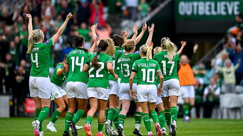 16 July 2024; Republic of Ireland players celebrate their side's second goal during the 2025 UEFA Women's European Championship qualifying group A match between Republic of Ireland and France at Pairc Ui Chaoimh in Cork. Photo by David Fitzgerald/Sportsfile