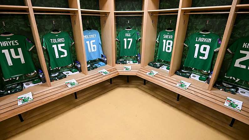 16 July 2024; A general view of inside the Republic of Ireland dressing room before the 2025 UEFA Women's European Championship qualifying group A match between Republic of Ireland and France at Pairc Ui Chaoimh in Cork. Photo by Stephen McCarthy/Sportsfile