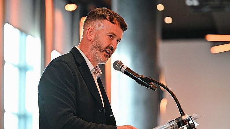 19 July 2024; GPA President Donal Og Cusack speaking during the GPA Hurling & Camogie Legends Lunch at Croke Park in Dublin. Photo by Sam Barnes/Sportsfile