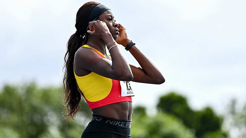 30 June 2024; Rhasidat Adeleke of Tallaght AC, Dublin, before competing in the women's 100m during day two of the 123.ie National Outdoor Senior Championships at Morton Stadium in Santry, Dublin. Photo by Sam Barnes/Sportsfile