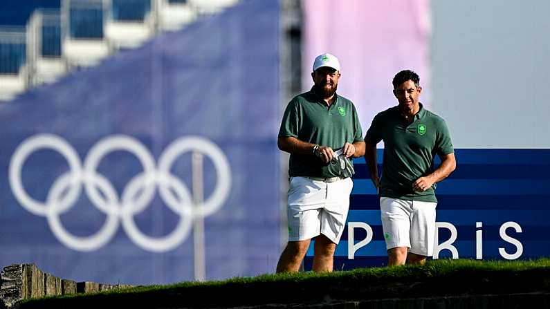 30 July 2024; Shane Lowry, left, and Rory McIlroy of Team Ireland during a practice round ahead of the men's golf singles at Le Golf National during the 2024 Paris Summer Olympic Games in Paris, France. Photo by Brendan Moran/Sportsfile