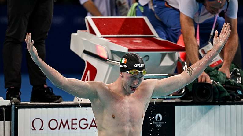 30 July 2024; Daniel Wiffen of Team Ireland celebrates winning gold in the men's 800m freestyle final in a new Olympic record pace of 7:38.19 at the Paris La Defense Arena during the 2024 Paris Summer Olympic Games in Paris, France. Photo by David Fitzgerald/Sportsfile