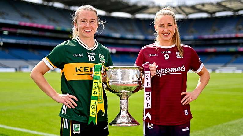 30 July 2024; In attendance during the captains day ahead of the 2024 TG4 All-Ireland Ladies Football Championship Finals at Croke Park in Dublin is the Senior Championship contenders Kerry captain Niamh Carmody, left, and Galway captain Ailbhe Davoren. Photo by Ben McShane/Sportsfile