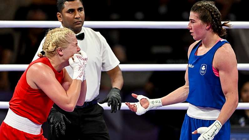 31 July 2024; Elzbieta Wojcik of Team Poland, left, after winning against Aoife O'Rourke of Team Ireland in their women's 75kg preliminary round 16 bout at the North Paris Arena during the 2024 Paris Summer Olympic Games in Paris, France. Photo by David Fitzgerald/Sportsfile