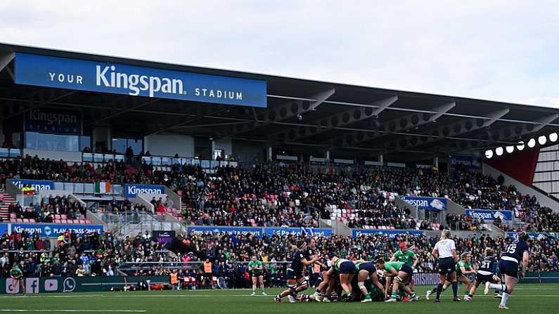 27 April 2024; A general view of a scrum during the Women's Six Nations Rugby Championship match between Ireland and Scotland at the Kingspan Stadium in Belfast. Photo by Ben McShane/Sportsfile