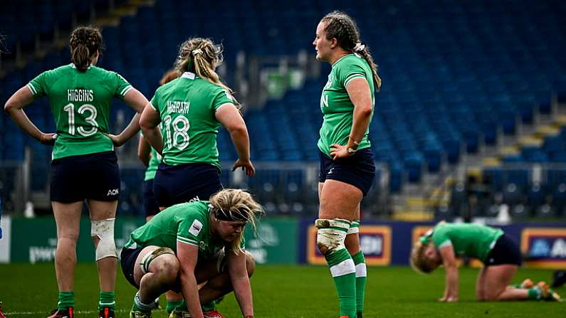 31 March 2024; Ireland players including Sam Monaghan and Fiona Tuite after their side's defeat in during the Women's Six Nations Rugby Championship match between Ireland and Italy at the RDS Arena in Dublin. Photo by Harry Murphy/Sportsfile